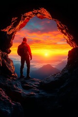 Obraz premium A male hiker gazes at a stunning sunrise from a rocky cave.