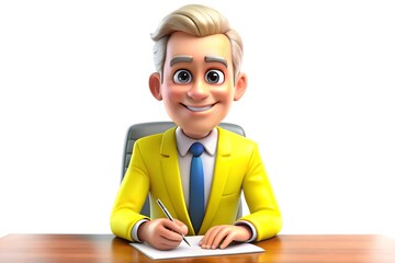 3D cartoon character in yellow suit smiling at desk with white background