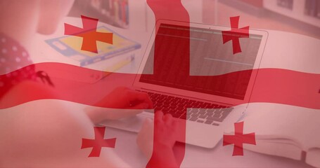 Animation of flag of georgia and digital data processing over caucasian woman using laptop - Powered by Adobe