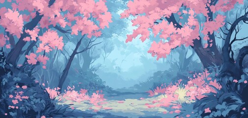 A serene forest scene with vibrant pink trees, lush greenery, and a mystical atmosphere, perfect for nature lovers and dreamers.