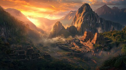 Fototapeta premium Sunset casting a warm glow over the ruins of Machu Picchu and the surrounding mountains.