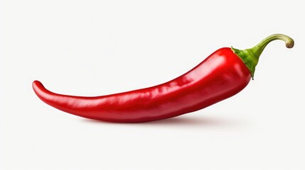 A single red chili pepper displayed on a white background, showcasing its vibrant color and shape.