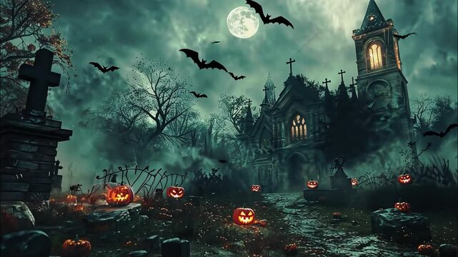 A chilling Halloween scene set in a haunted graveyard, illuminated by the eerie glow of jack-o'-lanterns under a full moon. 