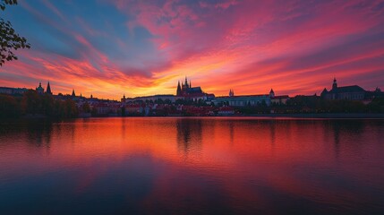 Fototapeta premium Sunset over Prague Castle, with the Vltava River reflecting the vibrant colors of the sky.