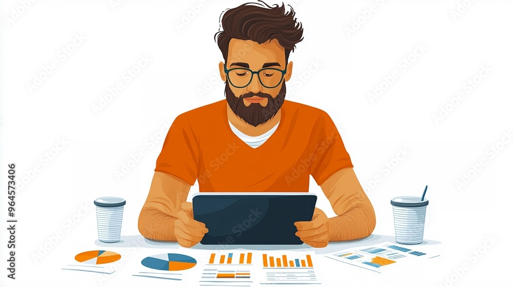 Poster analyst with beard working on tablet surrounded by data charts and coffee cups in both hands