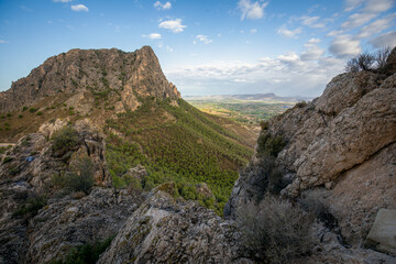 View of the impressive Atalaya hill in Cieza, Region of Murcia, Spain, in early morning light