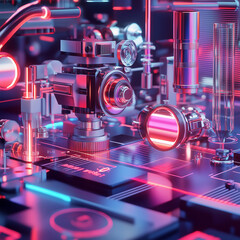 Fototapeta premium a physics lab where equipment such as lasers, prisms, and mirrors are aligned for an experiment.