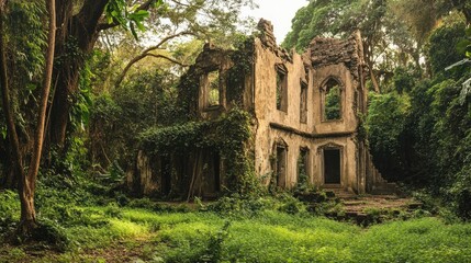 Obraz premium The ancient ruins of Gedi in Kenya, surrounded by lush forest and vines.