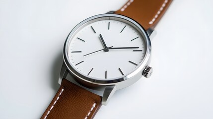 Minimalist Watch: A minimalist wristwatch with a clean face and simple leather strap, placed on a pristine white background, with soft lighting emphasizing its contours.
