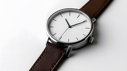 Minimalist Watch: A minimalist wristwatch with a clean face and simple leather strap, placed on a pristine white background, with soft lighting emphasizing its contours.
