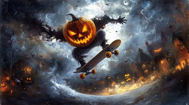 A pumpkin-headed figure skateboards through a spooky, moonlit scene filled with haunted houses and glowing jack-o'-lanterns.