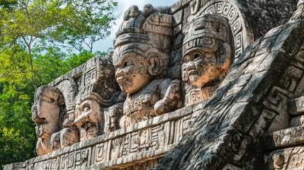 Obraz premium The ancient stone carvings of Chichen Itza, depicting Mayan deities and celestial events.