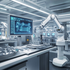 a high-tech research facility with robotic arms performing precise scientific tasks.