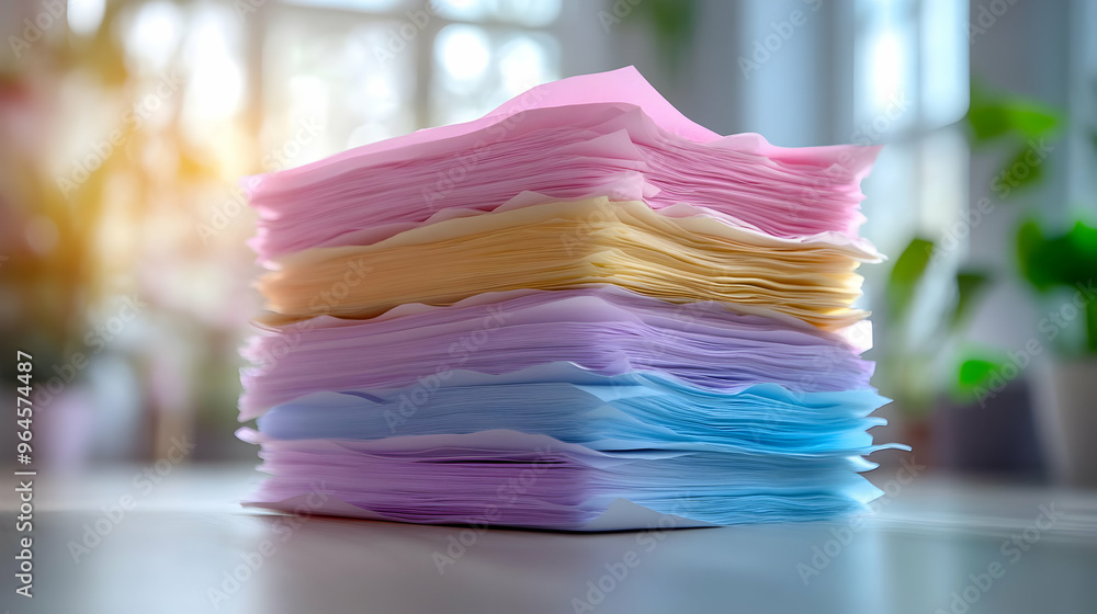 Poster a stack of colorful paper sheets in pastel hues arranged neatly on a table.