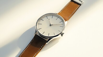 Minimalist Watch: A minimalist wristwatch with a clean face and simple leather strap, placed on a pristine white background, with soft lighting emphasizing its contours.
