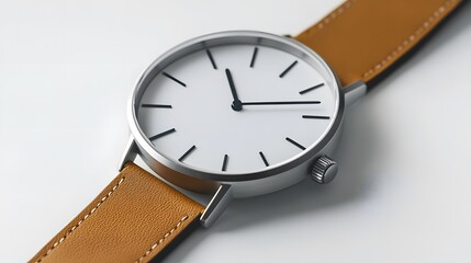 Minimalist Watch: A minimalist wristwatch with a clean face and simple leather strap, placed on a pristine white background, with soft lighting emphasizing its contours.
