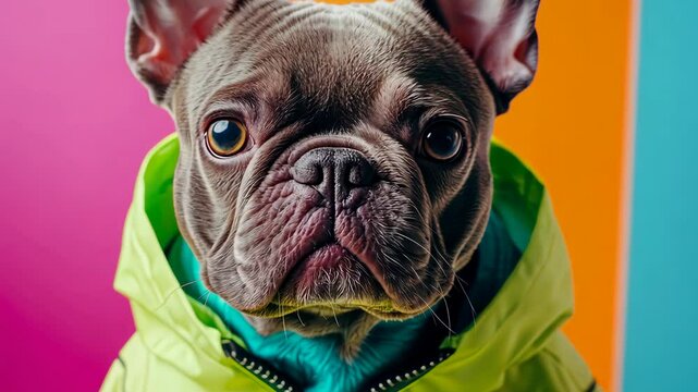 French bulldog wearing a colorful jacket against