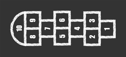 Hopscotch activity game drawn by white chalk with numbers on dark background. Hopscotch playground game