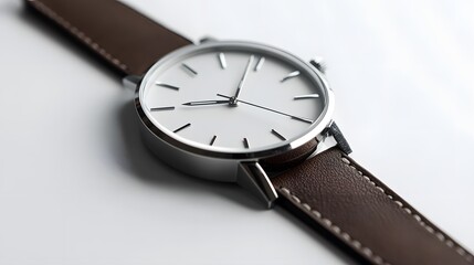 Minimalist Watch: A minimalist wristwatch with a clean face and simple leather strap, placed on a pristine white background, with soft lighting emphasizing its contours.
