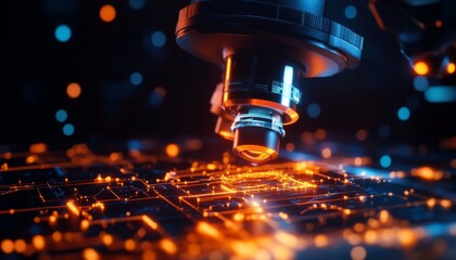 Close-up of a futuristic laser cutter illuminating a circuit board, showcasing advanced technology and intricate design.