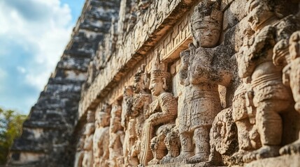 Fototapeta premium The ancient stone reliefs of Chichen Itza, depicting scenes of sacrifice and Mayan mythology.