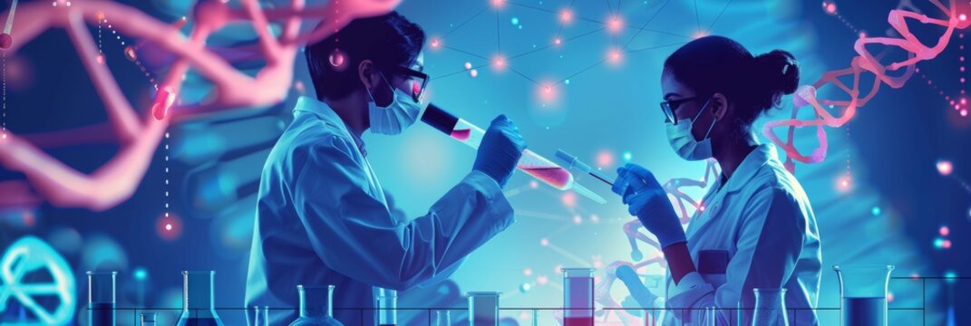 Scientists are experimenting Genetic research and Biotech science Human Biology and pharmaceutical technology on laboratory background. Medical science and biotechnology