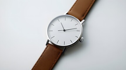 Minimalist Watch: A minimalist wristwatch with a clean face and simple leather strap, placed on a pristine white background, with soft lighting emphasizing its contours.
