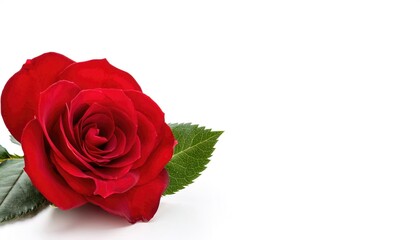 Beautiful single red rose flower with leaves side top view isolated on white background with copy space. Naturе object for design to Valentines, mothers day, anniversary. prom date. love and passion