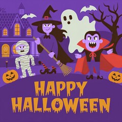Halloween illustration with cartoon witch, vampire, mummy, ghost, and "Happy Halloween" text on a purple background