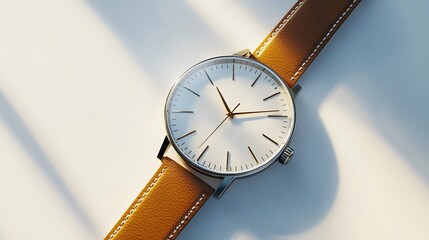 Minimalist Watch: A minimalist wristwatch with a clean face and simple leather strap, placed on a pristine white background, with soft lighting emphasizing its contours.
