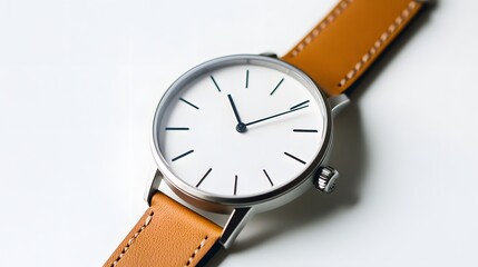 Minimalist Watch: A minimalist wristwatch with a clean face and simple leather strap, placed on a pristine white background, with soft lighting emphasizing its contours.
