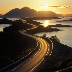 The Atlantic Ocean Road at sunrise, with the first light of day casting long shadows on the road.