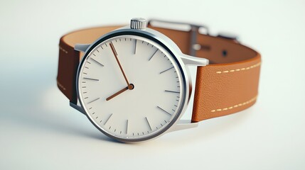 Minimalist Watch: A minimalist wristwatch with a clean face and simple leather strap, placed on a pristine white background, with soft lighting emphasizing its contours.
