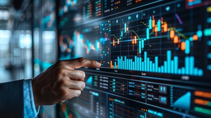 Obraz premium Business Professional Analyzing Financial Data on Digital Screen for Risk Mitigation in Modern Office Environment