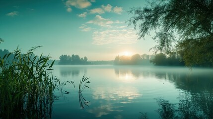 Tranquil Foggy Lake at Sunrise with Reflections and Lush Greenery