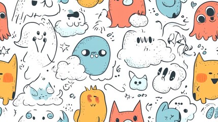 Playful Monster Doodles Seamless Pattern - Cute and Colorful Cartoon Creatures for Kids' Designs, Fabrics, and Wallpapers