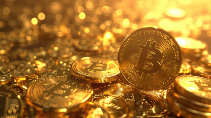 Golden Bitcoin Coins in Shiny Light  Cryptocurrency and Digital Wealth Concept
