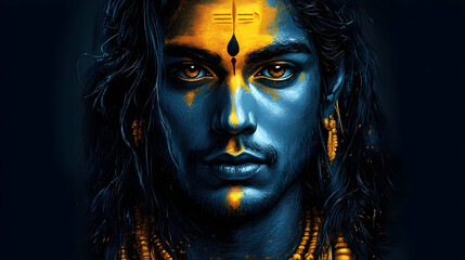 A stylized portrait of a figure with blue skin and traditional markings, exuding a mystical aura.