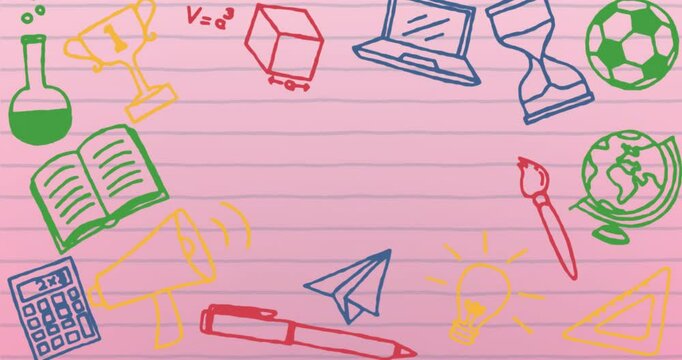 Animation of education icons on pink ruled paper with copy space