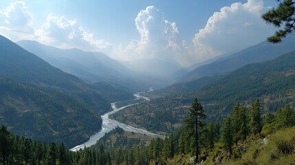 Fototapeta premium The breathtaking view of the Paro Valley from Tiger's Nest Monastery, with the river winding through the valley below.