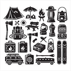 Camping Round Compositions bundle silhouette elements set in a white background 
