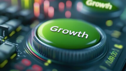 A close up of a green button on the keyboard with text growth, AI