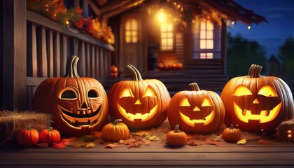 Fototapeta premium Carved Pumpkin Jack-O'-Lanterns: A close-up of several intricately carved pumpkins with different expressions (scary, funny, surprised) glowing with candles inside. They are placed on a rustic wooden 