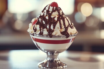 Ice Cream Sundae With Chocolate Sauce And Raspberry