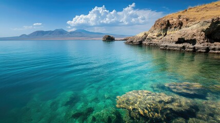 Fototapeta premium The clear blue waters of Lake Turkana in Kenya, with volcanic islands dotting the lake.