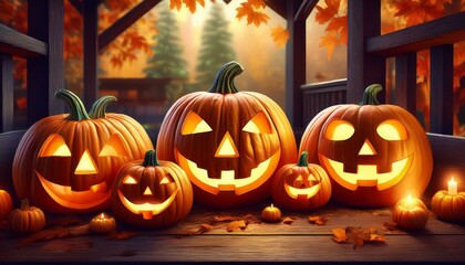 Obraz premium Carved Pumpkin Jack-O'-Lanterns: A close-up of several intricately carved pumpkins with different expressions (scary, funny, surprised) glowing with candles inside. They are placed on a rustic wooden 