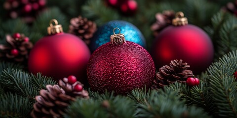 Obraz premium Glittering Christmas ornaments among pine branches and cones.