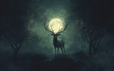 Ethereal Deer with Tree Branch Antlers in Moonlit Misty Forest