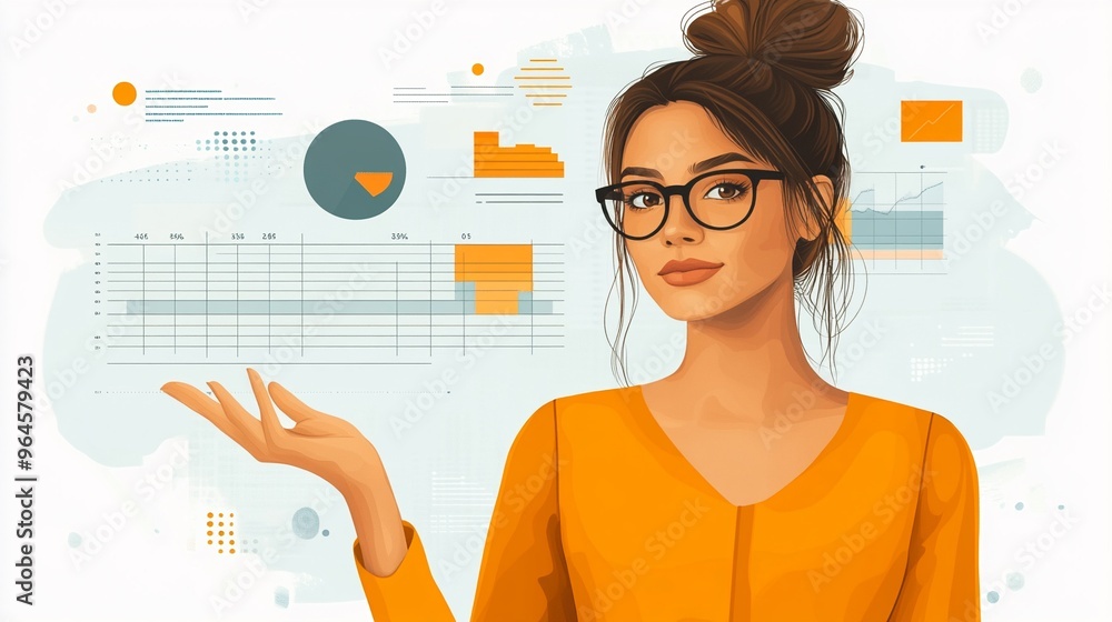 Poster modern businesswoman presenting data and analyzing graphs with charts in a professional setting