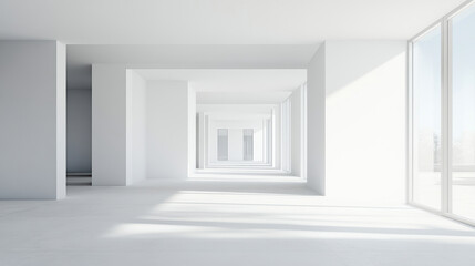 Empty white corridor with sunlight shining through windows